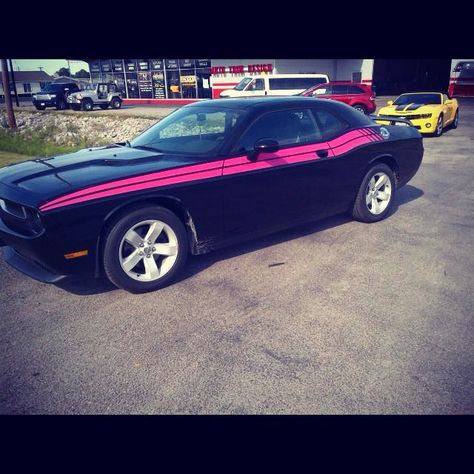 Perfect pink on black stripes. I'll likely go for something similar. Black Truck With Pink, Black And Pink Dodge Challenger, Black And Pink Mustang, Dodge Charger With Stripes, Black Mustang With Pink Stripes, Barbie Cars, Dodge Challenger Stripes, Dodge Challenger Black, Cars For Girls