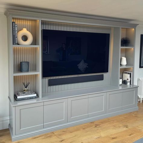 #mediaunit on Instagram | Hashtags Media Room Storage Ideas, Dark Blue Media Wall, Panel Media Wall, Media Wall Living Room, Media Room Storage, Media Wall Decor, Tv Wall Panel, Tv Feature Wall, Media Walls