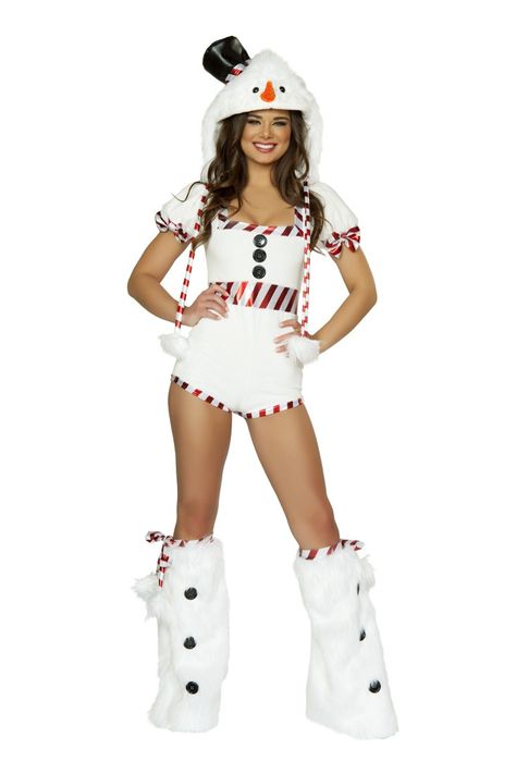 Featuring back zipper closure, short sleeves, stretchy metallic fabric. NOTE: Hat and Legwarmers NOT included. Snowman Fancy Dress, Snowman Costume, Holiday Lingerie, Christmas Fancy Dress, Christmas Romper, Christmas Dress Women, White Costumes, Christmas Costumes, Cute Snowman