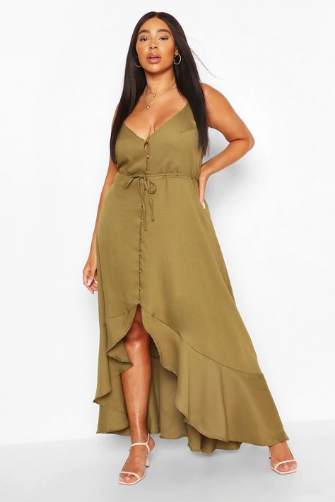 Plus Ruffle Tie Front Strappy Maxi Dress | boohoo Plus Size Long Dresses, Maxi Dress Designs, Cami Dresses, Lounge Style, Maxi Dress Collection, Strappy Maxi Dress, Quoi Porter, Boohoo Dresses, Skater Dresses