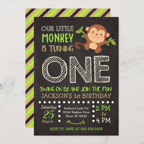 Monkey Invitations, Jungle Birthday Invitations, Monkey Birthday Parties, Monkey Birthday, 1st Birthday Invitation, Animal Birthday Party, Boy Birthday Invitations, Safari Birthday, 1st Birthdays