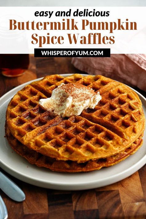 Buttermilk pumpkin spice waffles topped with whipped mascarpone, pumpkin pie spice and pure maple syrup. Buttermilk Pumpkin Waffles, Pumpkin Spice Waffles Recipe, Fall Waffle Recipes, Stuffing Waffles Recipe, Toppings For Waffles, Easy Waffles Recipe, Yeast Waffle Recipe, Pumpkin Pie Waffles, Whisper Of Yum