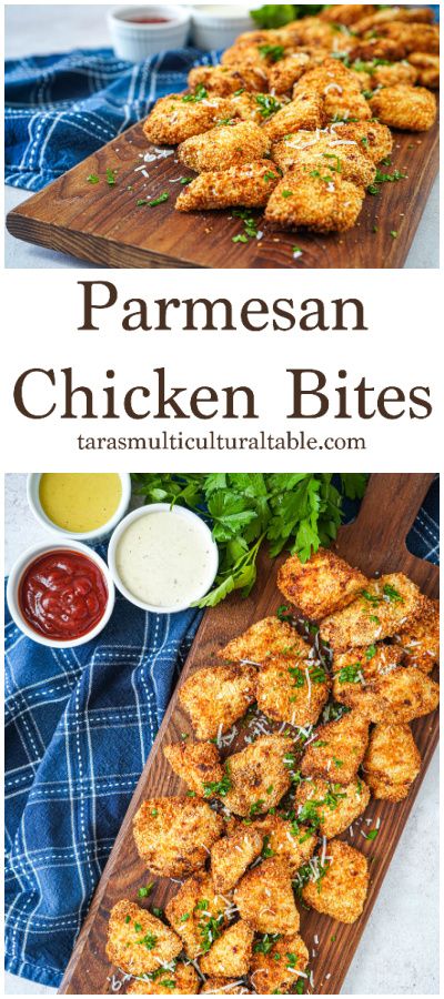 Parmesan Chicken Bites on a wooden board next to ketchup, cheese sauce, and honey mustard. Baked Chicken Appetizers, Chicken Parmesan Bites Air Fryer, Garlic Parmesan Chicken Bites (air Fryer), Pan Fried Chicken Bites, Panko Chicken Bites, Parmesan Crusted Chicken Bites, Chicken Panko Recipes, Oven Baked Chicken Bites, Chicken Parm Bites