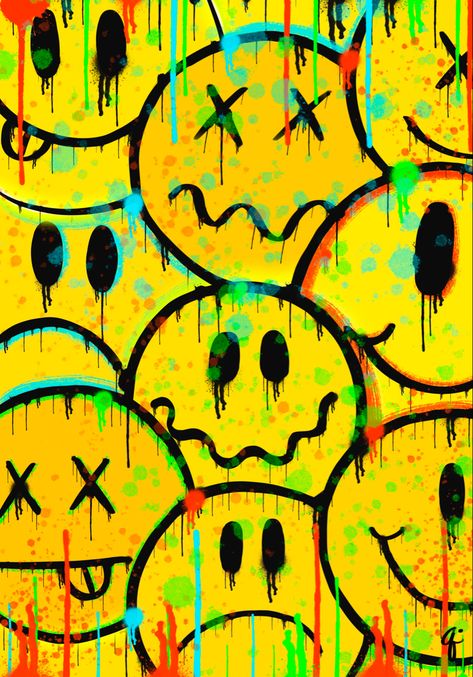 Smiley Face Painting, 90s Painting Ideas, Emoji Artwork, Smiley Face Art, Smiley Art, Trippy Smiley Face, Drippy Smiley Face, Frowny Face, Trippy Patterns