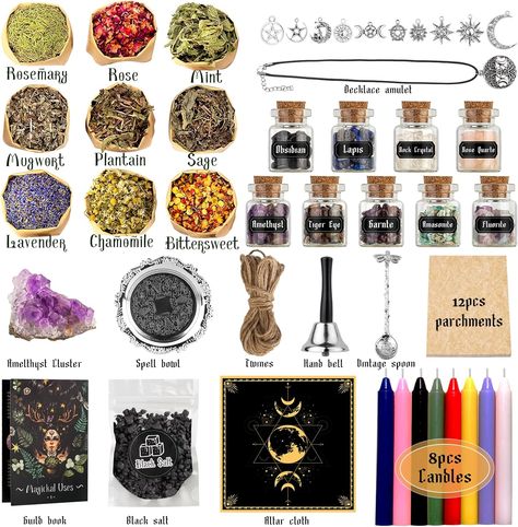 Amazon.com: Witchcraft Supplies Kit for Spells, 56 PCS Witch Box Include Dried Herb Crystal Candles Amethyst Cluster Parchment, Wiccan Supplies and Tools, Beginner Witchcraft Kit Witch Stuff for Pagan Rituals : Health & Household Witchcraft Items, Witch Crystals, Witch Essentials, Witchcraft Tools, Rituals Witchcraft, Witchcraft Aesthetic, Witch Kit, Cheap Witchcraft Supplies, Witchcraft Kit