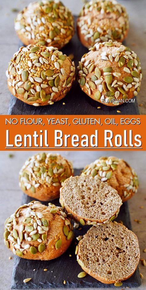 Swap regular bread for quick and easy, wholesome, high-fiber, protein-rich lentil bread rolls. They’re soft, slightly chewy, crusty, and free from flour, grains, gluten, eggs, dairy, yeast, oil, and sugar! Lentil Bread Recipe, Protein Bread Recipe, Lentil Bread, Ella Vegan, Yeast Free Breads, Grain Free Bread, Dried Lentils, Protein Bread, Gluten Free Recipes Bread