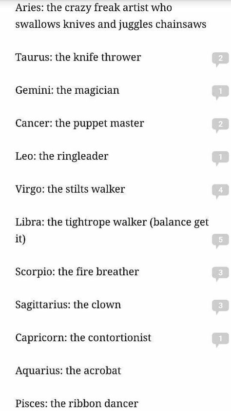 The signs as roles in the circus. Circus Story Prompts, Circus Jobs List, Circus Oc Design, Circus Story Ideas, Circus Names Ideas, Roles In A Circus, Circus Writing Prompts, Clown Oc Ideas, The Amazing Digital Circus Oc Ideas