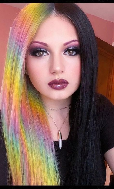 Black And Rainbow Split Dye, Short Hair Rainbow Color, Vaporwave Hair, Half Black Half Rainbow Hair, Vaporwave Character, Half Rainbow Hair, Half And Half Hair Color Ideas, Purple Split Hair, Black Rainbow Hair