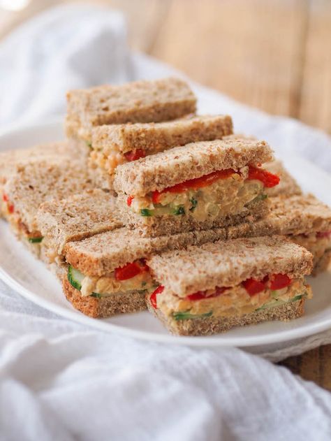 Vegan Chickpea Hummus Salad Sandwiches Veggie Sandwiches, Hummus Salad, Tailgating Ideas, Chickpea Hummus, Tea Sandwich, Tea Party Sandwiches, Vegan Sandwiches, Vegan Party Food, Afternoon Tea Recipes