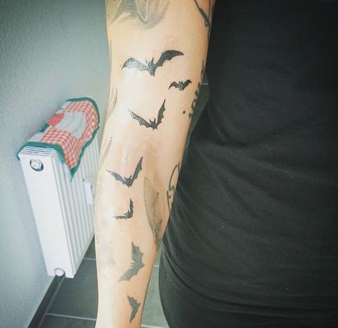 Goth Forarm Tattoos, Emo Tattoo Sleeve, Bat Tattoo Forearm, Bat Tattoo Men, Grunge Tattoo Sleeve, Bats Flying Tattoo, Bat Tattoo Arm, Wardog Tattoo, Bat Neck Tattoo