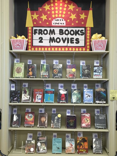 From books 2 movies School Library Themes, Middle School Library Displays, Fall Library Displays, Dream Bookstore, School Library Book Displays, School Library Decor, School Library Displays, High School Books, Middle School Books