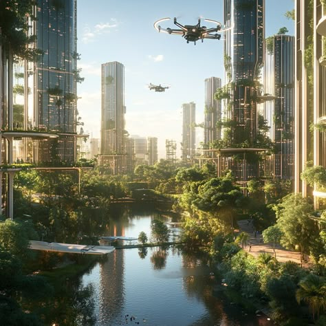 🌆 Discover a Futuristic City: Where Nature Meets Modern Architecture! This stunning urban landscape harmonizes sleek skyscrapers and lush greenery, featuring reflective surfaces and innovative public spaces. Drones soar above as citizens enjoy vibrant parks. #FuturisticCity #NatureMeetsArchitecture #Midjourney #UrbanExplorer Earthship Home Plans, Design City, Modern Futuristic, Earthship Home, Green Zone, Eco City, Sustainable Environment, Forest City, Biophilic Design