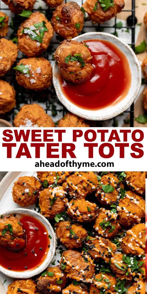 Sweet Potato Tater Tots Sweet Potato Tater Tot Recipes, Sweet Potato Recipes Snacks, Vegan Sweet Potato Appetizers, Baked Sweet Potato Ideas, Recipes With Sweet Potato Puree, Recipes With Mashed Sweet Potatoes, Sweet Potato Appetizers For Party, Sweet Potato Fry Recipes, Sweet Potato Recipes Dinner