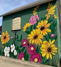 Outside Murals Gardens, Garden Murals Ideas Wall Art Backyard, Flower Murals Outdoor, Garden Mural Ideas, Chicken Coop Mural, Mural On Shed, Flower Mural Outdoor, Shed Murals Outdoor, Garden Mural Outdoor Wall Art