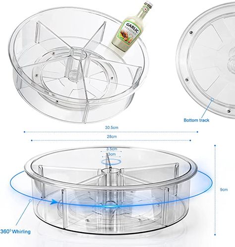 Amazon.com - Clear Lazy Susan Organizer Turntable - 12 inch Round Plastic Spinning Organization Rotating Storage Bin with Removable Dividers for Cabinet, Kitchen, Countertop, Fridge, Refrigerator, Bathroom, Pantry - Lazy Susan Organizer, Spinning Organizer, Cupboard Ideas, Bathroom Pantry, Lazy Susan Organization, Lazy Susan Turntable, Compartment Organizer, Cabinet Kitchen, Fridge Organization