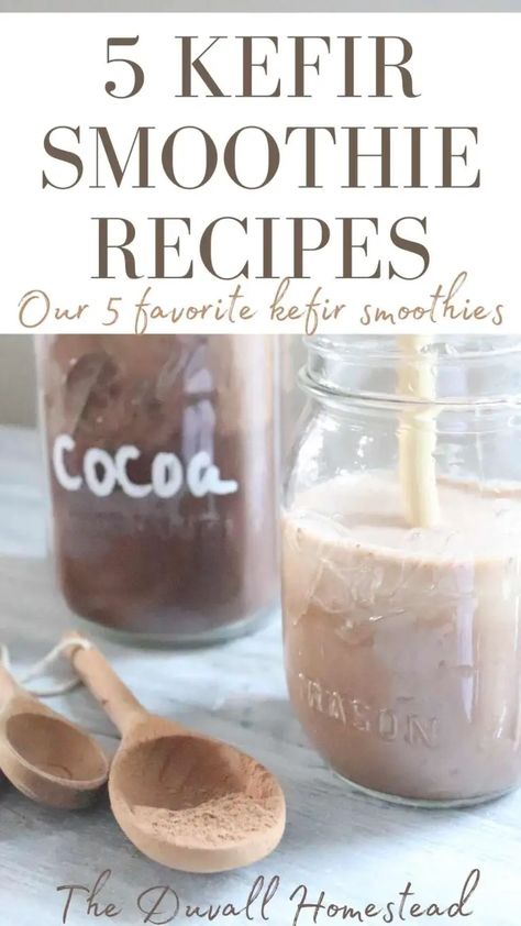 5 Kefir Smoothie Ideas & Kefir Benefits - The Duvall Homestead Raw Kefir Recipes, Diy Kefir How To Make, Ways To Eat Kefir, Recipes Using Plain Kefir, Chocolate Kefir Smoothie, Kefir Uses, Kefir Drink Recipes, How To Eat Kefir, Thm Kefir Smoothie