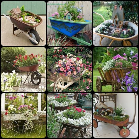 making a fairy garden in a wheelbarrow | Upcycle Wheelbarrow for Garden - Cool Creativities Diy Wheelbarrow, Canned Yams, Wheelbarrow Planter, Wheelbarrow Garden, Tattoo Plant, Deck Decor, Wheelbarrows, Bohemian Garden, Backyard Gardening