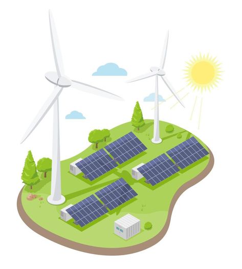 Windmill wind energy and Solar plant Green power eco technology symbols concept Electricity illustration isometric isolated vector Electricity Illustration, 3d Desktop Wallpaper, Eco Technology, Green Power, Wind Energy, Renewable Energy, Solar Power, Adobe Stock, Graphic Illustration