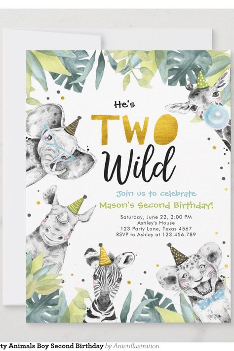 Two Wild Safari Party Animals Boy Second Birthday Invitation Safari Two Wild Party, Birthday Theme 2 Year Boy, 2nd Birthday Party Themes Boy, 2nd Birthday Themes Boy, Two Year Old Birthday Party Boy Themes, Boy Second Birthday Themes, Two Wild Birthday Party Boy, Boy 2nd Birthday Party Ideas, 2 Year Birthday Theme Boy