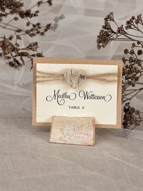 Rustic Place Card Holder with Place Card Birch by 4LOVEPolkaDots @Rachel Vintage Place Cards, Rustic Place Card Holders, Rustic Place Cards, Decoration Communion, Wedding Name Tags, Blush Pink Wedding, Eco Wedding, Handmade Wedding Invitations, Table Place Cards