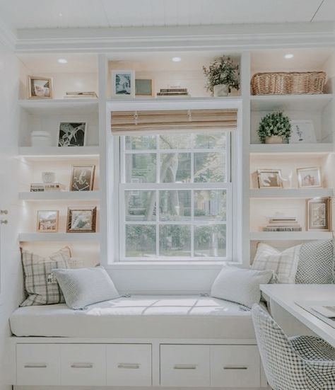 Bookcases On Either Side Of Window, Built In Shelf Around Window, Built In Bookshelf Around Window, Bookshelves Under Windows, Half Wall Bookshelf, Built In Shelves Around Window, Bookcase Around Window, Bookshelf Around Window, Built In Around Window