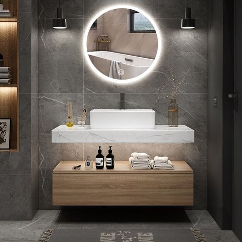 Combining an aura of minimalism and multifunctional style on a grand scale, this wall-mounted vanity set is versatile enough to fit many bathroom styles. The rectangular vessel sink is integrated on the faux marble countertop for a flawless aesthetics, while a single hole is drilled for a faucet of your choice. Please note that the mirror is not included. Capture the grace and charm of contemporary with this delightful bathroom vanity set! Drømme Bad, Hardware Art, Architecture Decoration, Mounted Vanity, Bathroom Red, Designer Interior, Bathroom Layout, Black Bathroom, Bathroom Styling