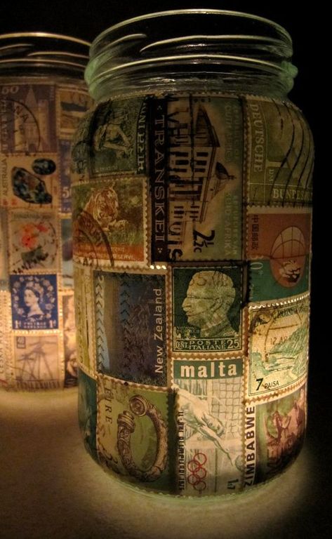 pushing the envelopes: bonus post - stamp lamp Stamp Lamp, Crafts With Glass Jars, Jar Art, Jar Ideas, Jar Decor, Postage Stamp Art, Tealight Candle Holder, Handmade Lamps, Tealight Candle