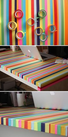 Washi Tape Decor, Rainbow Table, Tafel Decor, Washi Tape Diy, Diy Rainbow, Deco Originale, Tape Crafts, Décor Diy, Diy Table