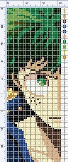 Izuku Midoriya My Hero Academia Cross Stitch Pattern, Mha Cross Stitch, My Hero Academia Pixel Art Grid, My Hero Academia Cross Stitch, Mha Pixel Art Grid, My Hero Academia Crochet, Mha Pixel Art, Anime Perler Bead Patterns, Cross Stitch Anime