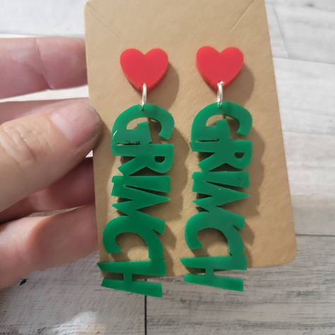 Grinch acrylic dangle earrings Laser cut acrylic Dangles are 2,5 inches long stud is just .5 inches 3d Printed Earrings Christmas, Laser Acrylic Earrings, 3d Printed Christmas Earrings, Laser Cut Acrylic Earrings, Acrylic Christmas Earrings, Laser Acrylic Projects, Laser Cut Acrylic Ideas, Acrylic Laser Projects, Grinch Name