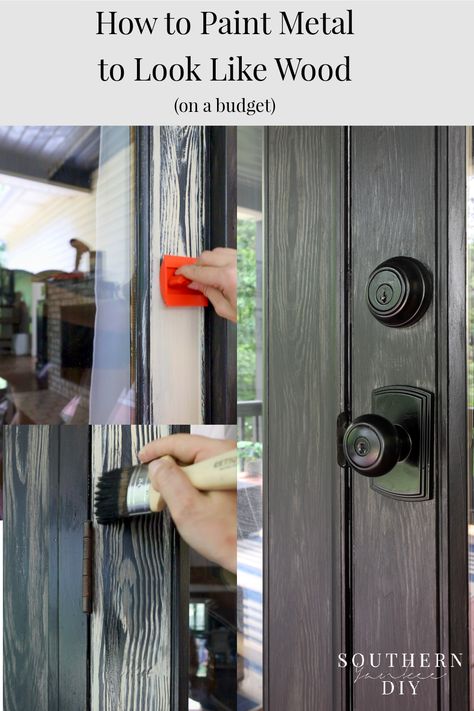 How to Paint a Metal Door to Look Like Wood Upgrade your exterior metal garage or front door to look and feel like real wood with this simple and budget friendly method #wooddoor #paintexteriordoor #howtopaintadoor #painteddoor #blackdoor #fauxwooddoor #howtopaintfauxwood Door Paint Exterior, Staining Metal Doors To Look Like Wood, Upgrade Front Door Diy, How To Paint A Front Door To Look Like Wood, How To Paint A Steel Door To Look Like Wood, Can You Paint A Metal Front Door, Painting Metal Door To Look Like Wood, How To Make Garage Door Look Like Wood, How To Paint An Exterior Metal Door