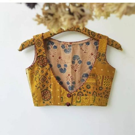 Blouse Back Neck Designs Pattern, Fancy Blouse Designs Patterns Back, Blouse Designs Ideas, Ajrakh Blouse, Turmeric Yellow, Sleeveless Blouse Designs, Patchwork Blouse, Blouse Designs High Neck, Cotton Blouse Design