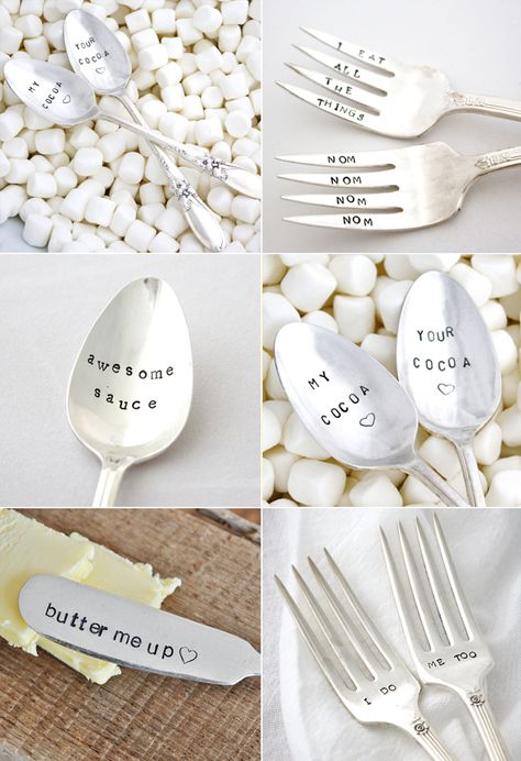 I made similar pieces once with my grandma's flatware (the everyday set). Spoon Stamping, Stamped Silverware, Metal Stamping Projects, Metal Stamping Diy, Stamping Jewelry, Cutlery Art, Silverware Crafts, Fork Jewelry, Silverware Art