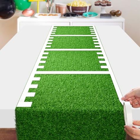 Soup Party, Superbowl Party Decorations, Easter Table Runner, Football Diy, Green Table Runner, Easter Table Runners, Faux Grass, White Tape, Fake Grass