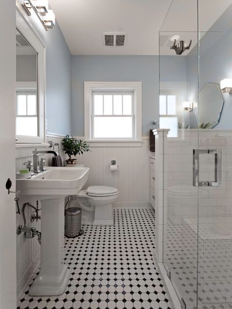 American Craftsman Style - The Honeycomb Home Black And White Tile, Vintage Style Bathroom, Victorian Bathroom, Sink Storage, Trendy Bathroom, Small Bathroom Design, Blue Bathroom, White Rooms, Bath Room