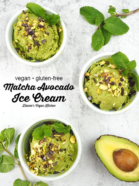 It’s easy being green with creamy vegan Matcha Avocado Ice Cream! It’s made with just a few ingredients and doesn’t need an ice cream maker. This delicious homemade ice cream is dairy-free (of course!), gluten-free, and refined sugar free. It's a tasty dessert for St. Patrick's Day or any warm spring day! #vegan #dairyfree #icecream #avocado Matcha Sweets, Vegan Avocado Recipes, Avocado Dessert, Avocado Ice Cream, Vegan Summer Recipes, Tasty Dessert, Glutenfree Dairyfree, Vegan Kitchen, Vegan Dessert