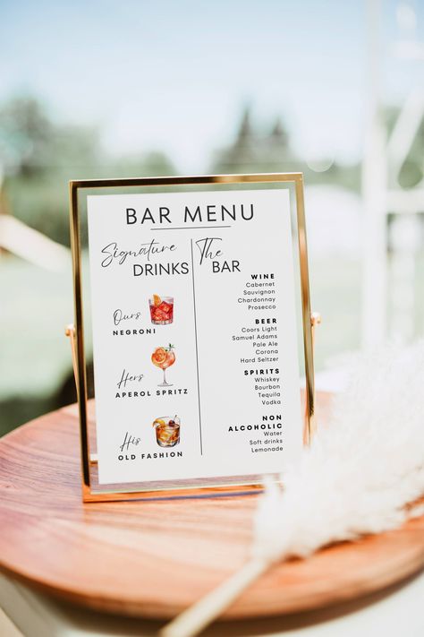 Signature Drink Bar Menu Sign Template is fully editable in Canva to easily change text, fonts, colors, pictures and more. Perfect for Wedding Bar sign, Bridal shower, baby shower, party drink sign, bar cart decor and more.  This is a digital product, nothing will be shipped. This download includes: 1. Signature Drinks Bar Menu Sign  2.  100+ Drink Images 3.  How To Guide PDF *Canva also includes 1000s of Graphics / Photos / Fonts to customize your template -HOW IT WORKS- 1. After purchase, Sign Cocktail Bar Sign, Bar Menu Template, Signature Drink Sign, Colors Pictures, Drinks Bar, Drink Bar, Cart Decor, Menu Sign, Cocktails Sign