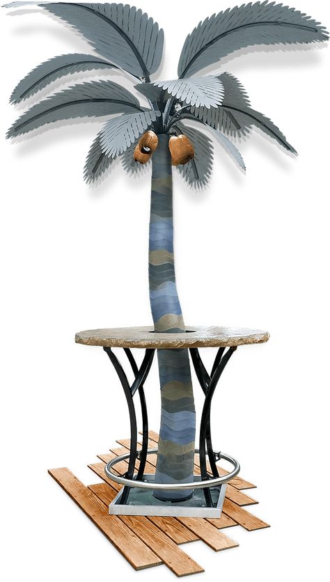 Metal Palm Tree Outdoor, Natural Edge Table, Metal Trees, Metal Palm Tree, Tiki Garden, Concrete Table Top, Standing Lamps, Tree Statues, Yard Sculptures