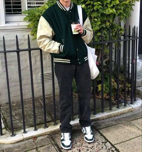 Varsity Jacket Outfit Aesthetic Men, Meghalaya Outfits, Varsity Jacket Aesthetic Boy, Oversized Varsity Jacket Outfit, Letterman Jacket Outfit Men, Green Varsity Jacket Outfit, Jersey Jacket Outfit, Varsity Jacket Outfit Mens, Varsity Jacket Aesthetic