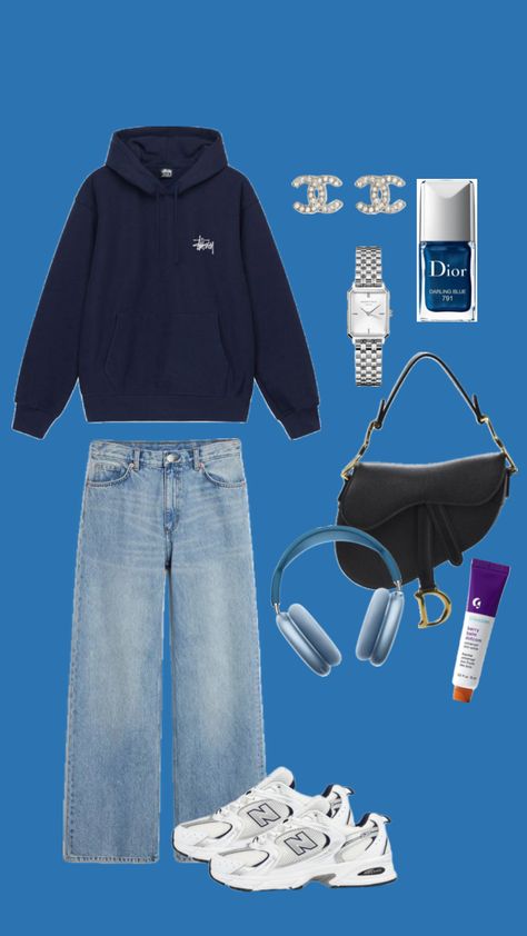 navy>>> #outfit #fitinspo #outfitinspo #stussy #hoodie #chanel #dior #glossier #airpodsmax #darkblue #navyblue #navy Blue Stussy Hoodie, Stussy Hoodie Outfit, Outfit Ideas Dark, Blue Hoodie Outfit, Stussy Hoodie, Fit Pics, Navy Outfit, Hoodie Outfit, Blue Hoodie