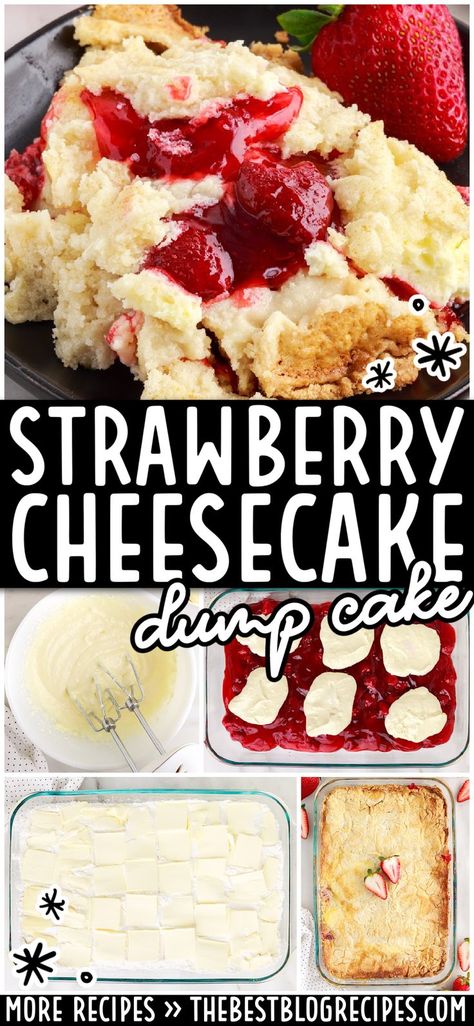 Strawberry Cheesecake Dump Cake Cheesecakes Cupcakes, Strawberry Cheesecake Dump, Strawberry Cheesecake Dump Cake, Cheesecake Dump Cake, Strawberry Dump Cake, Easy Dump Cake Recipe, Easy Strawberry Cheesecake, Strawberry Stuff, Dump Recipes