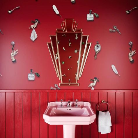 A red hot offering from @witchandwatchman wallpapers: BELLE EPOQUE RED WALLPAPER A surreal twist on everyday objects....Pass me the mirror darling 💋 #surrealism #wallpaper #redroom #powderroom #interiordesign #vintagewallpaper #decoration #wallpaperwednesday Whimsy Wallpaper, Exotic Wallpaper, Painted Chinoiserie, Painted Wallpaper, Artistic Elements, Artistic Wallpaper, Hand Painted Wallpaper, Bold Wallpaper, Red Rooms