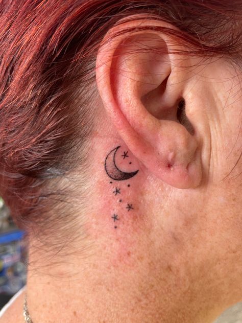 Moon And Stars Tattoo Behind Ear, Moon Tattoo Ear Back, Moon Behind Ear Tattoo, Crescent Moon Ear Tattoo, Moon Tattoo Ear, Moon And Stars Ear Tattoo, Inner Ear Star Tattoo, Star Tattoos Behind Ear, Star Face Tattoo