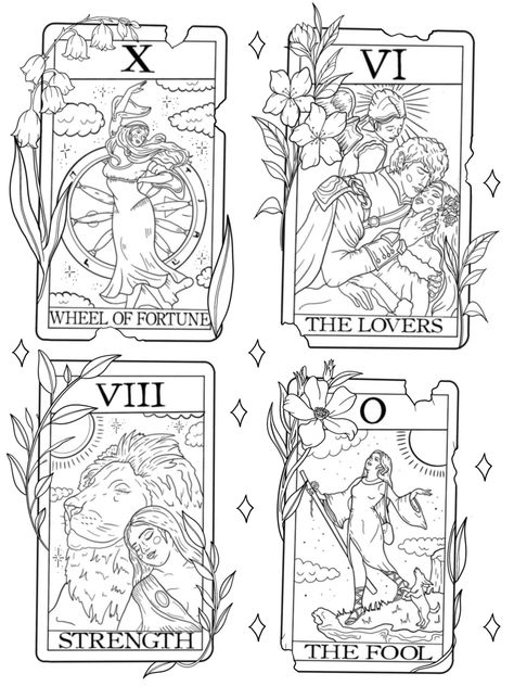 The Lovers Tarot Card Tattoo Stencil, Strength Tarot Card Drawing, Tarot Tattoo Wheel Of Fortune, High Priestess Tattoo Design, The Fool Tarot Tattoo Design, Tarot Lockscreen Aesthetic, Mini Tarot Card Tattoo, Tarot Card The Fool Tattoo, Tarot Colouring Pages