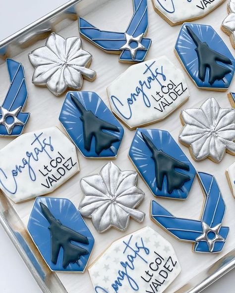 Lieutenant Colonel Promotion Party, Lt Col Promotion Cake, Air Force Retirement Cookies, Air Force Cookies Decorated, Airforce Cookies, Air Force Promotion Party, Air Force Cake Ideas, Military Promotion Party, Air Force Cookies