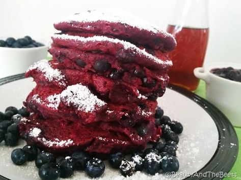 Blueberry Beet Pancakes • Beauty and the Beets Pink Drink Copycat, Beet Pancakes, Starbucks Pink Drink Recipe, Radish Recipe, Creamy Avocado Pasta, Starbucks Pink Drink, Pink Drink Recipes, Slow Roasted Tomatoes, Radish Recipes