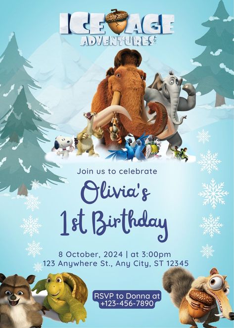 Ice Age Themed Editable Birthday Invitation Canva Ice Age Party, Ice Age Birthday Party, Kids Birthday Invitation, Ice Age, Birthday Invitations Kids, 1st Bday, Themed Party, Animated Movies, 1st Birthday Parties