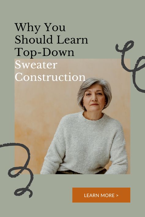 A woman is photographed on a stool against a peach coloured background wearing a great crew neck sweater and leather trousers. The text says, Knitting pattern design. Why you should learn top-down sweater construction. Top Down Knitting Patterns Free, Top Down Sweater Patterns Free Knitting, Sweater Construction, Top Down Sweater, Sweater Hanging, Bulky Knit, Sweater Knitting Patterns, Top Down, Close Up Photos