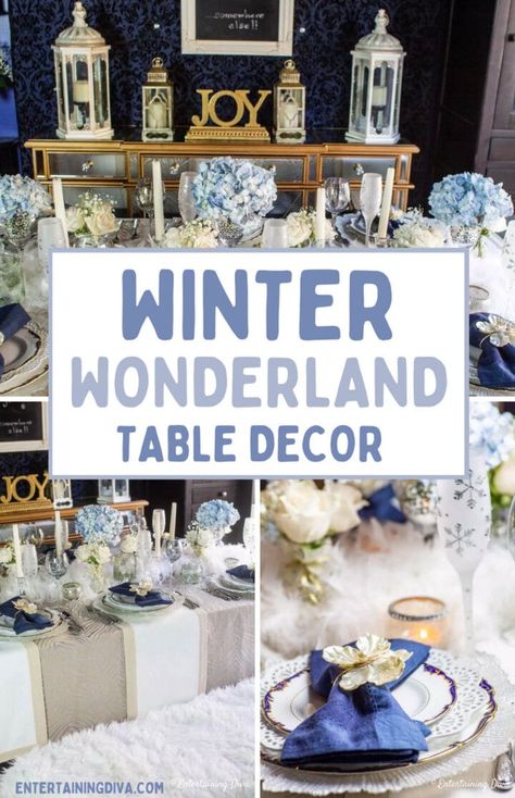 Blue And White Winter Tablescapes, Blue And White Christmas Party Theme, Winter Table Settings Ideas, Blue And White Christmas Tablescapes, Winter Formal Decorations, Winter Baby Shower Centerpieces, Winter Bridal Shower Themes, Winter Wonderland Centerpieces, Winter Table Decorations