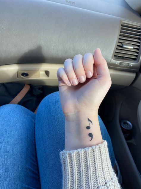 Semi-colon Tattoo With Words, Semi-colon Tattoo Collar Bone, Semi-colon Tattoo Back Of Neck, Semicolons Aesthetic Tattoos, Semi-colon Tattoo For Loved One, Tattoo Designs Semi Colon, Behind The Ear Semi Colon, Anchor Semi Colon Tattoos, Semi Colon Music Note Tattoo